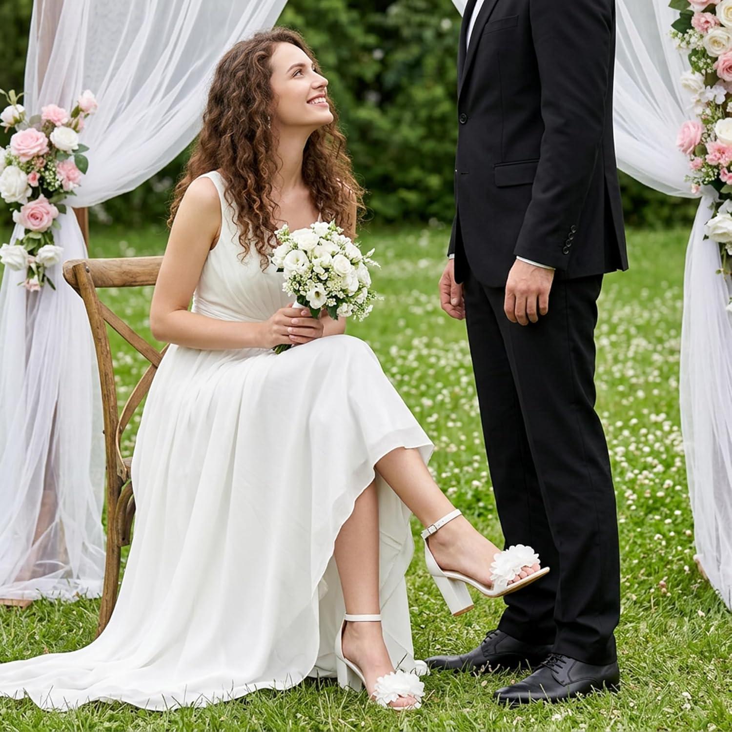 image:imageComfortable Block Heels for Women 3inch Stable Heel amp Elegant Flower for Confidence Walking on Wedding Soft Cushioned Insole amp Adjustable Ankle Strap for Bride amp BridesmaidsWhite