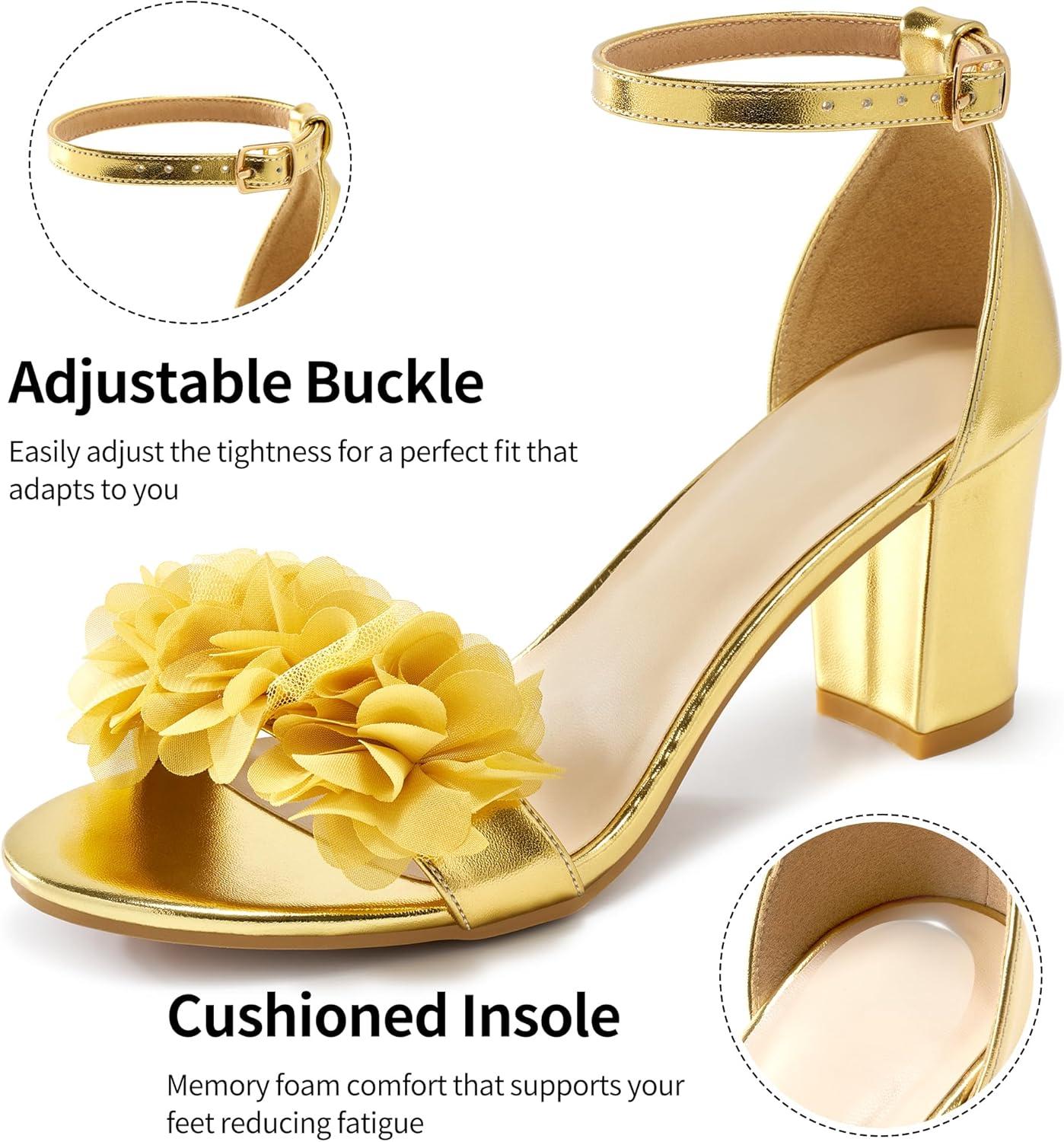 image:imageComfortable Block Heels for Women 3inch Stable Heel amp Elegant Flower for Confidence Walking on Wedding Soft Cushioned Insole amp Adjustable Ankle Strap for Bride amp BridesmaidsGold