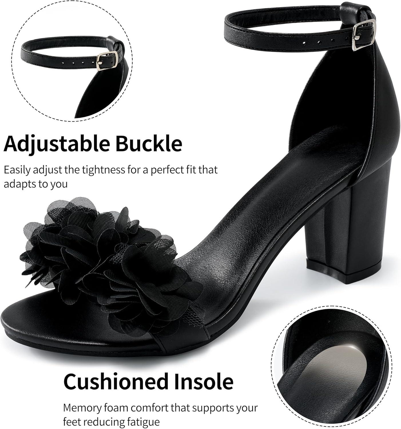 image:imageComfortable Block Heels for Women 3inch Stable Heel amp Elegant Flower for Confidence Walking on Wedding Soft Cushioned Insole amp Adjustable Ankle Strap for Bride amp BridesmaidsBlack