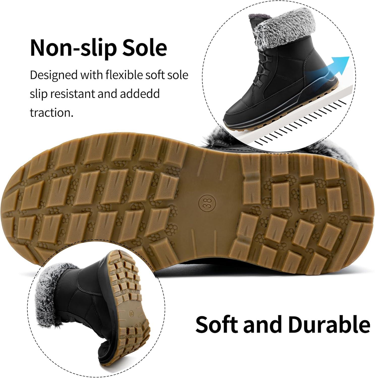 image:imageSnow Boots for Women Winter Warm Comfortable Fur Lines Waterproof Booties for Walking Work OutdoorBlack