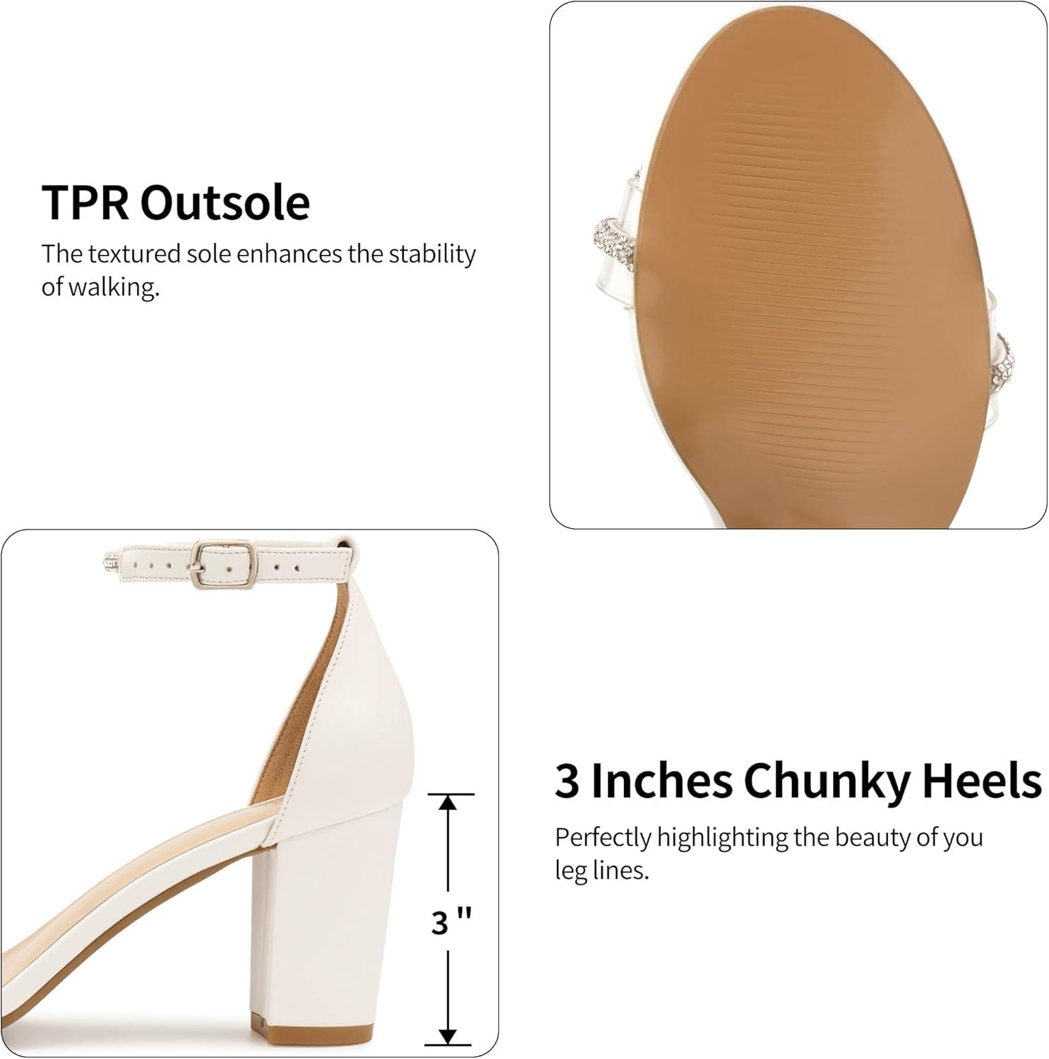 image:imageWomens Block Heels for Wedding 3Inch Stable Heel amp Rhinestone Bow for Confidence Walking Comfortable Insole amp Adjustable Ankle Strap for Bride amp BridesmaidsWhite