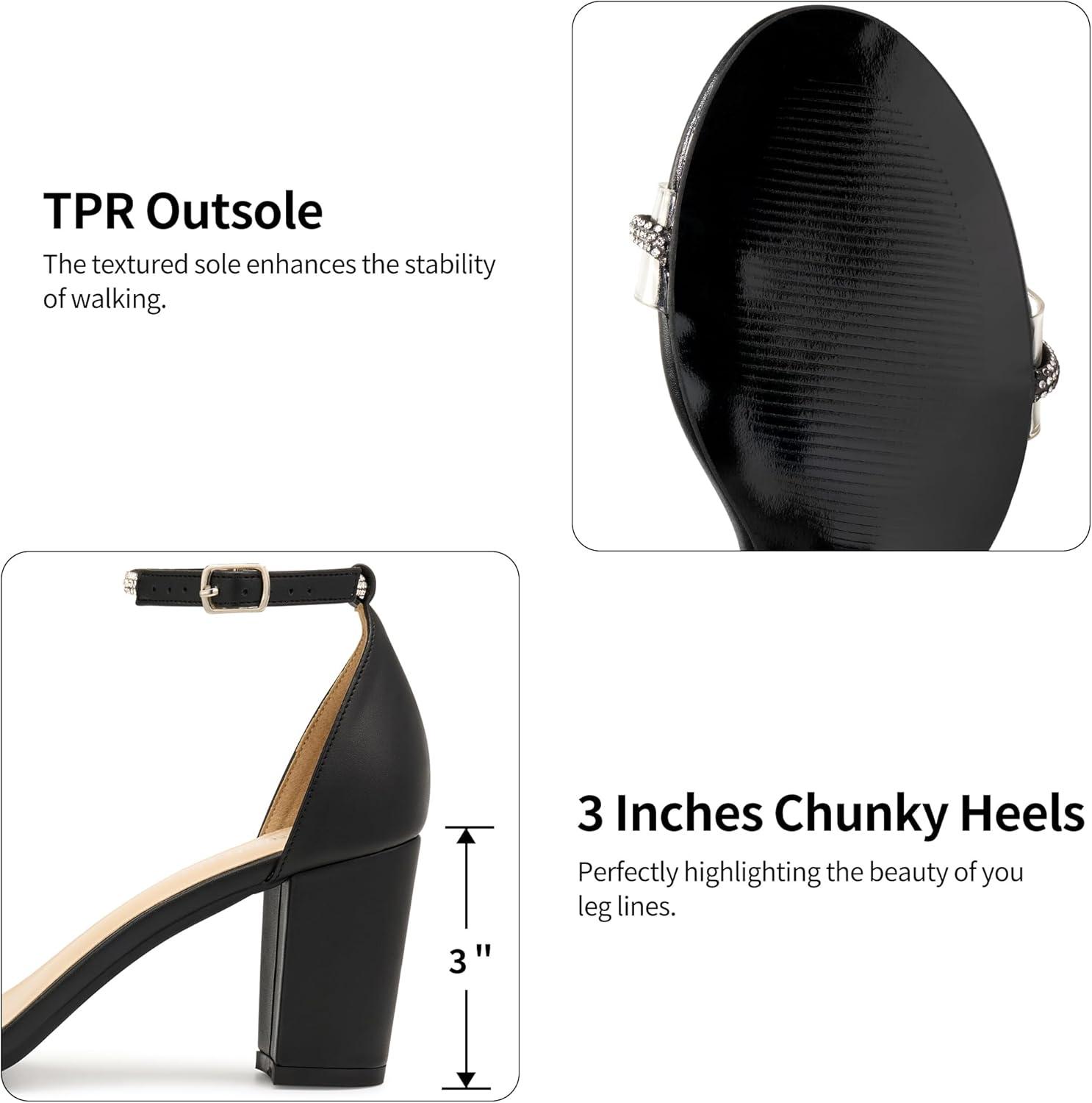 image:imageWomens Block Heels for Wedding 3Inch Stable Heel amp Rhinestone Bow for Confidence Walking Comfortable Insole amp Adjustable Ankle Strap for Bride amp BridesmaidsBlack