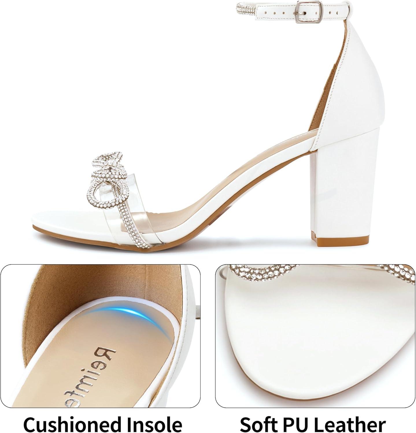 image:imageWomens Block Heels for Wedding 3Inch Stable Heel amp Rhinestone Bow for Confidence Walking Comfortable Insole amp Adjustable Ankle Strap for Bride amp BridesmaidsWhite