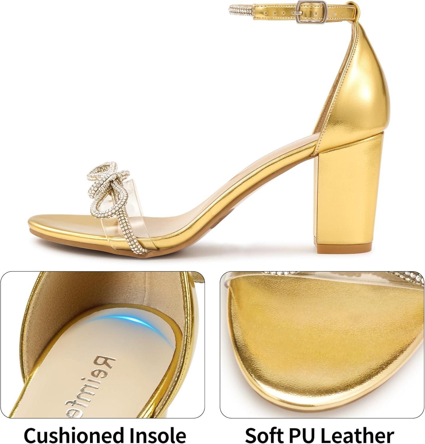 image:imageWomens Block Heels for Wedding 3Inch Stable Heel amp Rhinestone Bow for Confidence Walking Comfortable Insole amp Adjustable Ankle Strap for Bride amp BridesmaidsGold