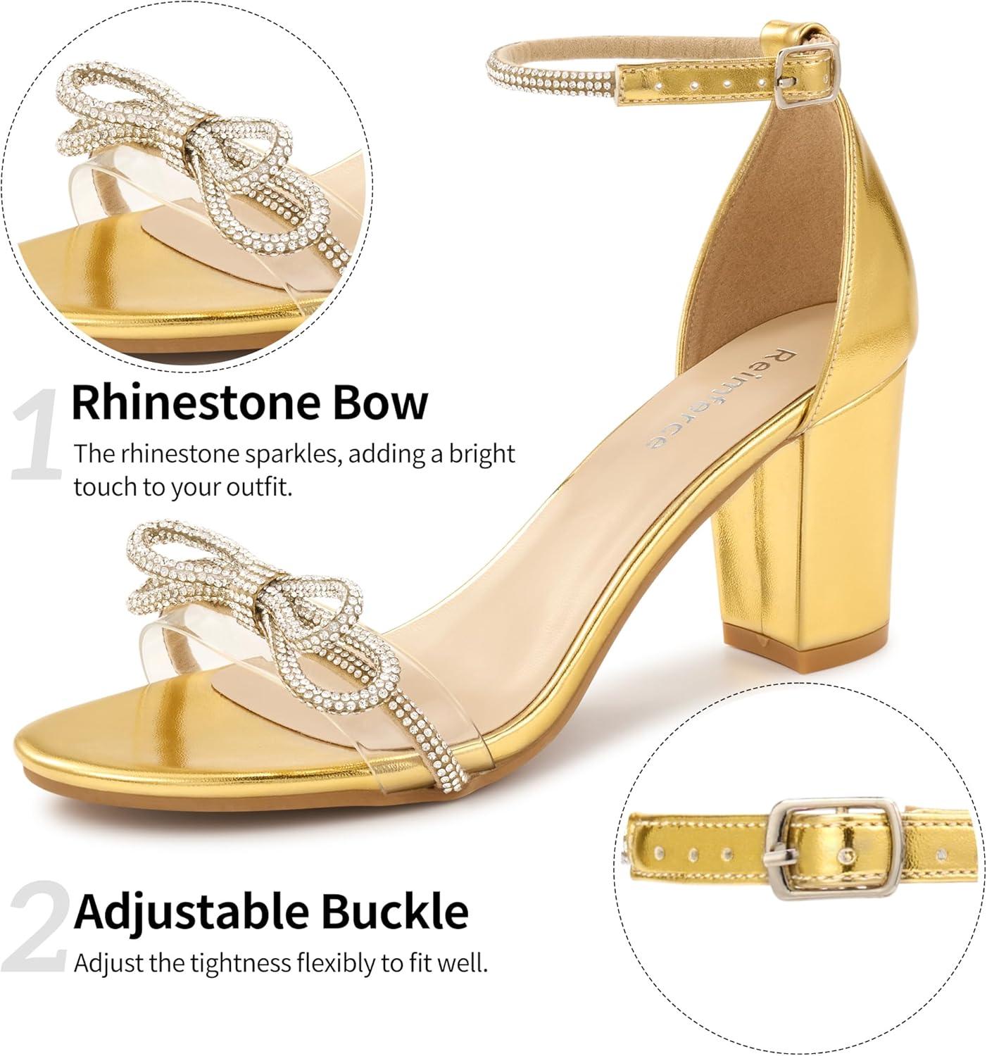 image:imageWomens Block Heels for Wedding 3Inch Stable Heel amp Rhinestone Bow for Confidence Walking Comfortable Insole amp Adjustable Ankle Strap for Bride amp BridesmaidsGold