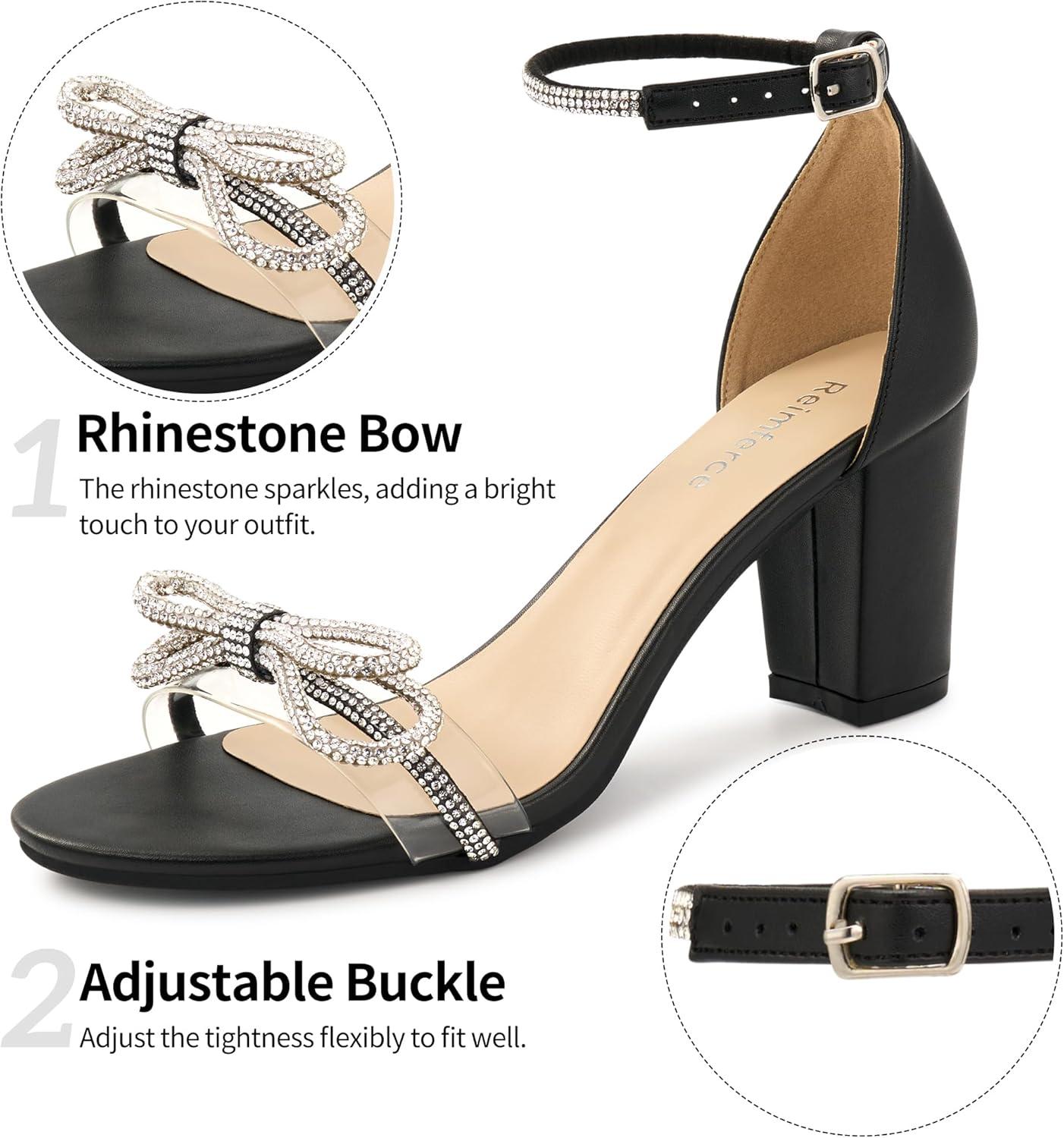 image:imageWomens Block Heels for Wedding 3Inch Stable Heel amp Rhinestone Bow for Confidence Walking Comfortable Insole amp Adjustable Ankle Strap for Bride amp BridesmaidsBlack