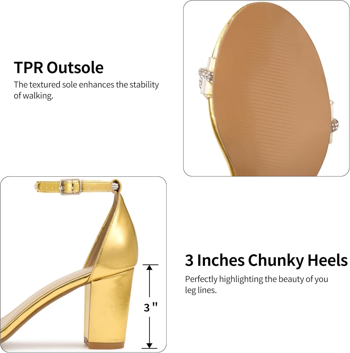 image:imageWomens Block Heels for Wedding 3Inch Stable Heel amp Rhinestone Bow for Confidence Walking Comfortable Insole amp Adjustable Ankle Strap for Bride amp BridesmaidsGold