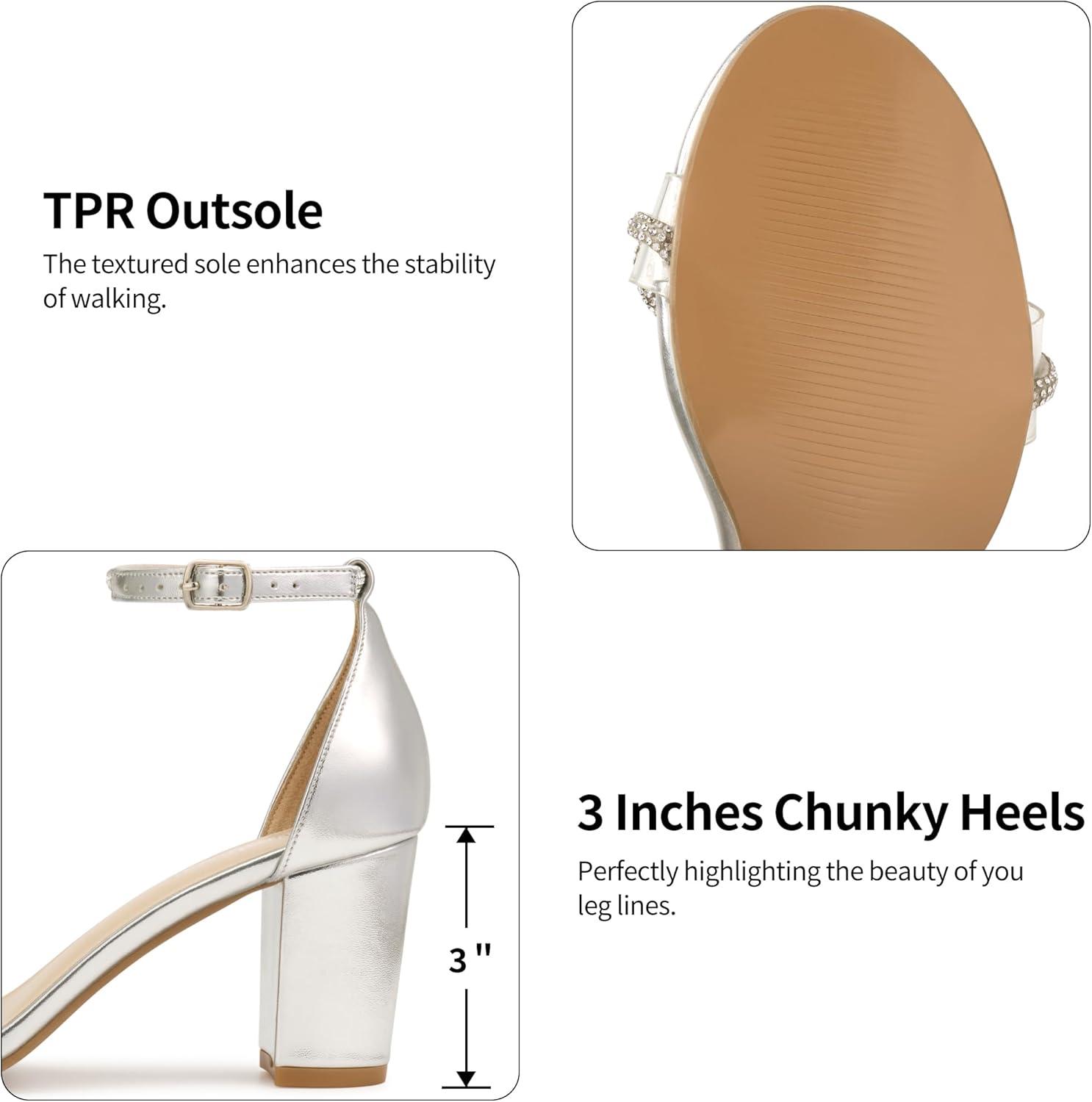 image:imageWomens Block Heels for Wedding 3Inch Stable Heel amp Rhinestone Bow for Confidence Walking Comfortable Insole amp Adjustable Ankle Strap for Bride amp BridesmaidsSilver