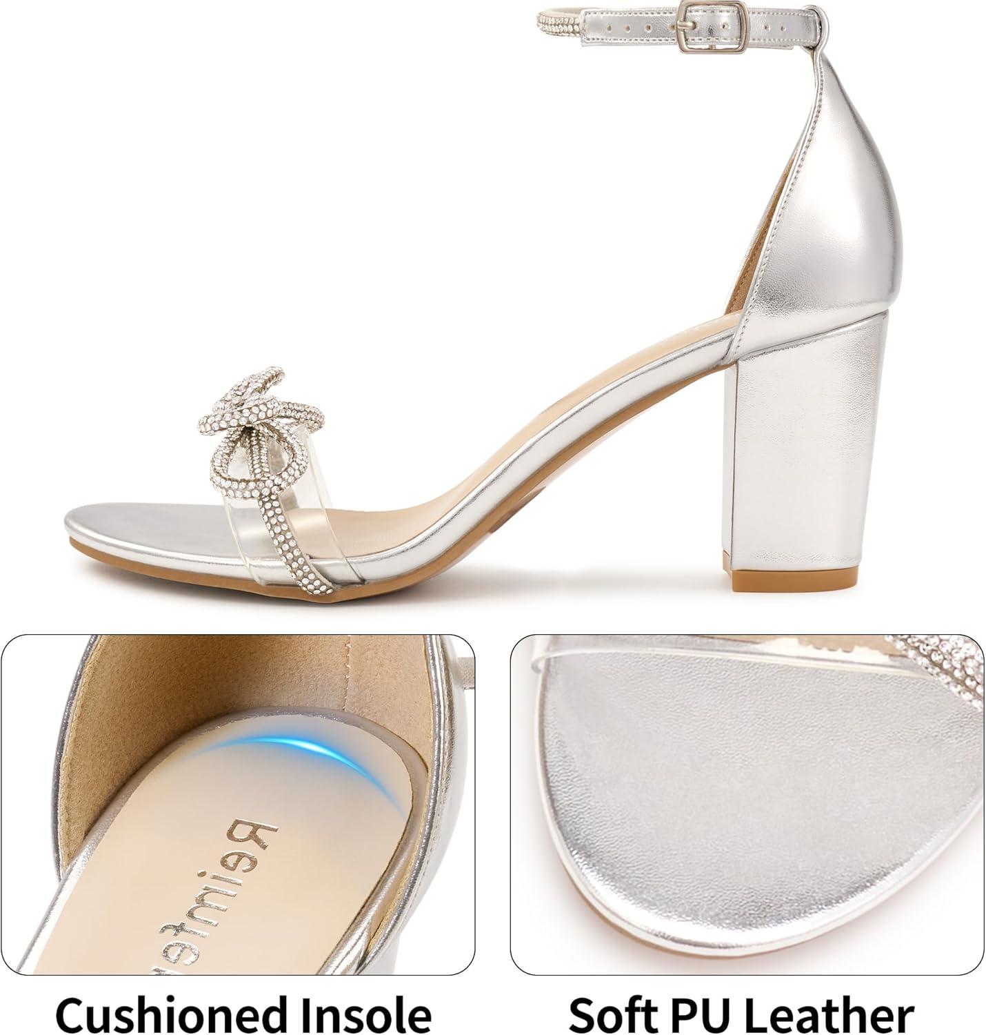 image:imageWomens Block Heels for Wedding 3Inch Stable Heel amp Rhinestone Bow for Confidence Walking Comfortable Insole amp Adjustable Ankle Strap for Bride amp BridesmaidsSilver