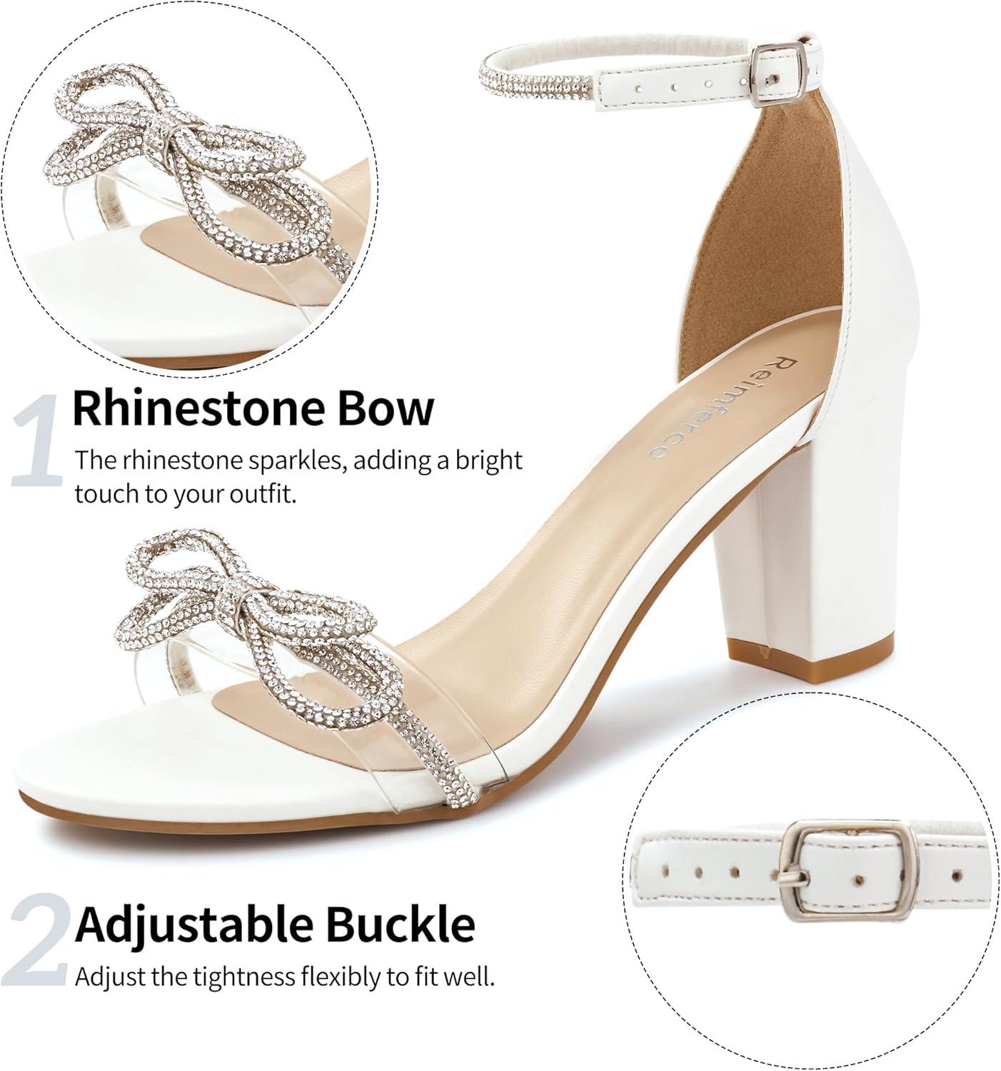 image:imageWomens Block Heels for Wedding 3Inch Stable Heel amp Rhinestone Bow for Confidence Walking Comfortable Insole amp Adjustable Ankle Strap for Bride amp BridesmaidsWhite