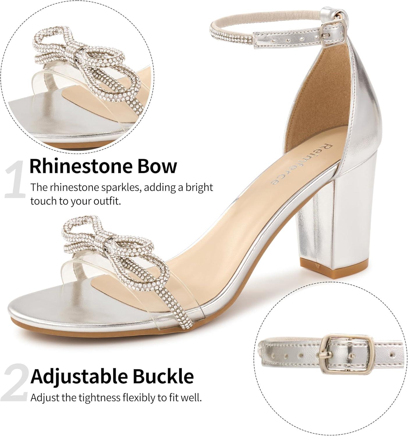 image:imageWomens Block Heels for Wedding 3Inch Stable Heel amp Rhinestone Bow for Confidence Walking Comfortable Insole amp Adjustable Ankle Strap for Bride amp BridesmaidsSilver