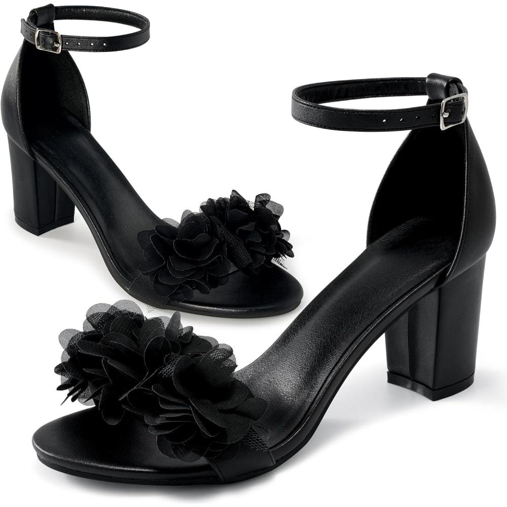 image:imageComfortable Block Heels for Women 3inch Stable Heel amp Elegant Flower for Confidence Walking on Wedding Soft Cushioned Insole amp Adjustable Ankle Strap for Bride amp BridesmaidsBlack