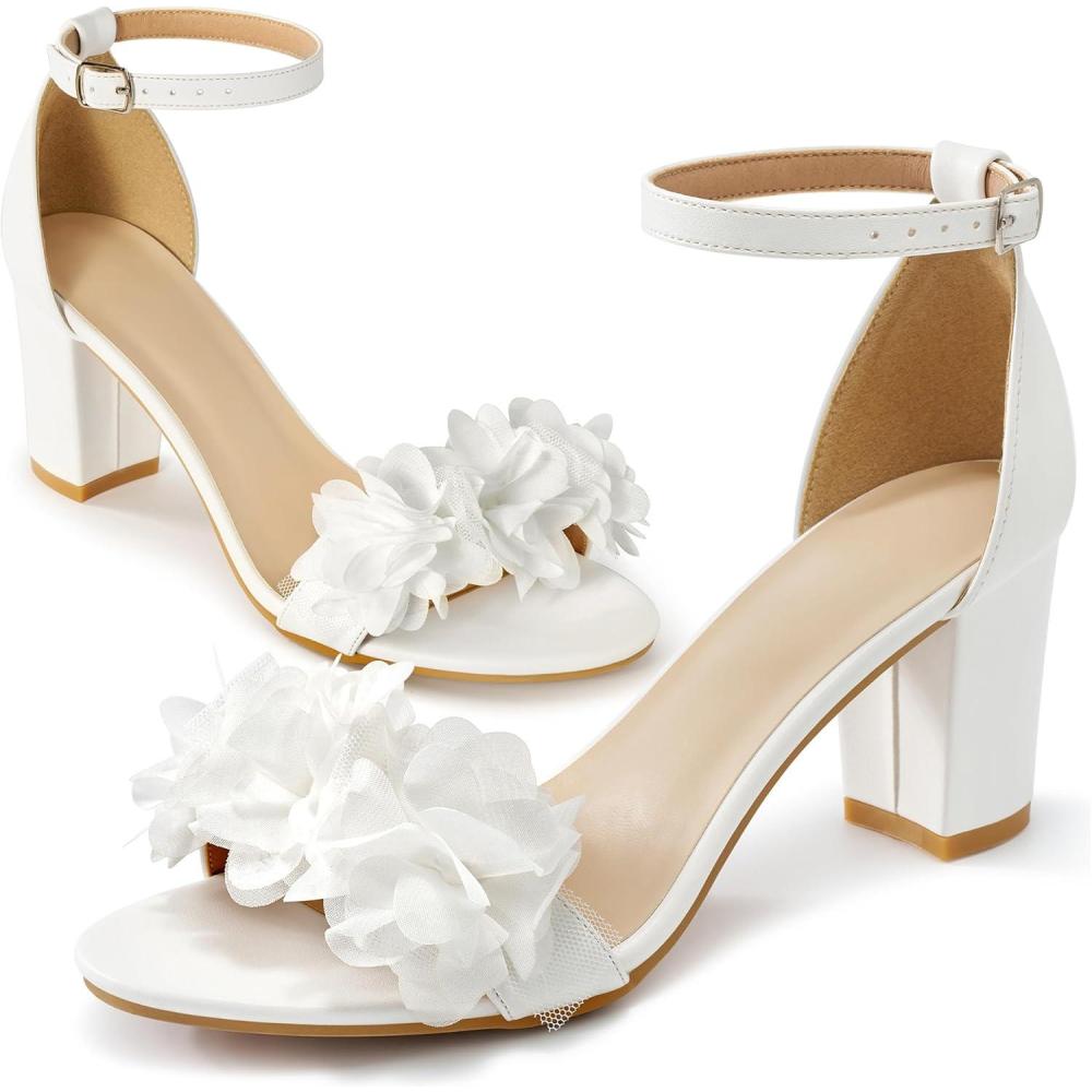 image:imageComfortable Block Heels for Women 3inch Stable Heel amp Elegant Flower for Confidence Walking on Wedding Soft Cushioned Insole amp Adjustable Ankle Strap for Bride amp BridesmaidsWhite