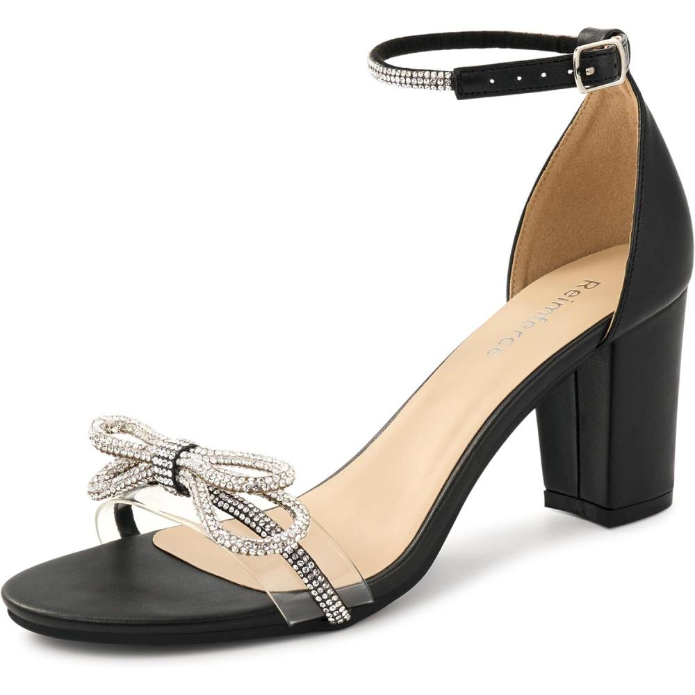 image:imageWomens Block Heels for Wedding 3Inch Stable Heel amp Rhinestone Bow for Confidence Walking Comfortable Insole amp Adjustable Ankle Strap for Bride amp BridesmaidsBlack