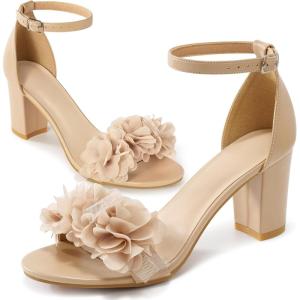 Comfortable Block Heels for Women: 3-inch Stable Heel & Elegant Flower for Confidence Walking on Wedding – Soft Cushioned Insole & Adjustable Ankle Strap for Bride & Bridesmaids(Apricot)