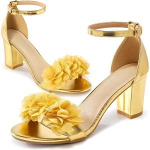 Comfortable Block Heels for Women: 3-inch Stable Heel & Elegant Flower for Confidence Walking on Wedding – Soft Cushioned Insole & Adjustable Ankle Strap for Bride & Bridesmaids(Gold)