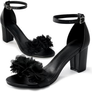 Comfortable Block Heels for Women: 3-inch Stable Heel & Elegant Flower for Confidence Walking on Wedding – Soft Cushioned Insole & Adjustable Ankle Strap for Bride & Bridesmaids(Black)
