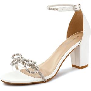 Womens Block Heels for Wedding: 3-Inch Stable Heel & Rhinestone Bow for Confidence Walking – Comfortable Insole & Adjustable Ankle Strap for Bride & Bridesmaids(White)