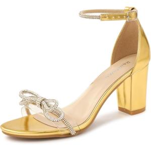 Womens Block Heels for Wedding: 3-Inch Stable Heel & Rhinestone Bow for Confidence Walking – Comfortable Insole & Adjustable Ankle Strap for Bride & Bridesmaids(Gold)