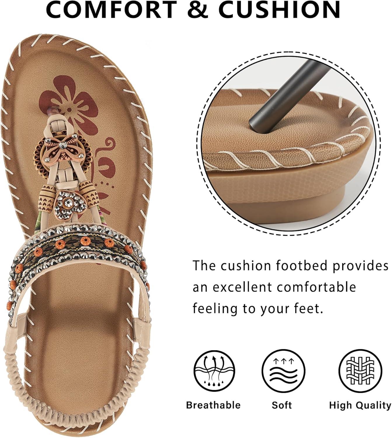 image:imageSandals Women Dressy Flats Bohemian Flat Sandals for Women Comfortable Summer Casual Flip Flops Elastic Ankle StrapBeigepattern