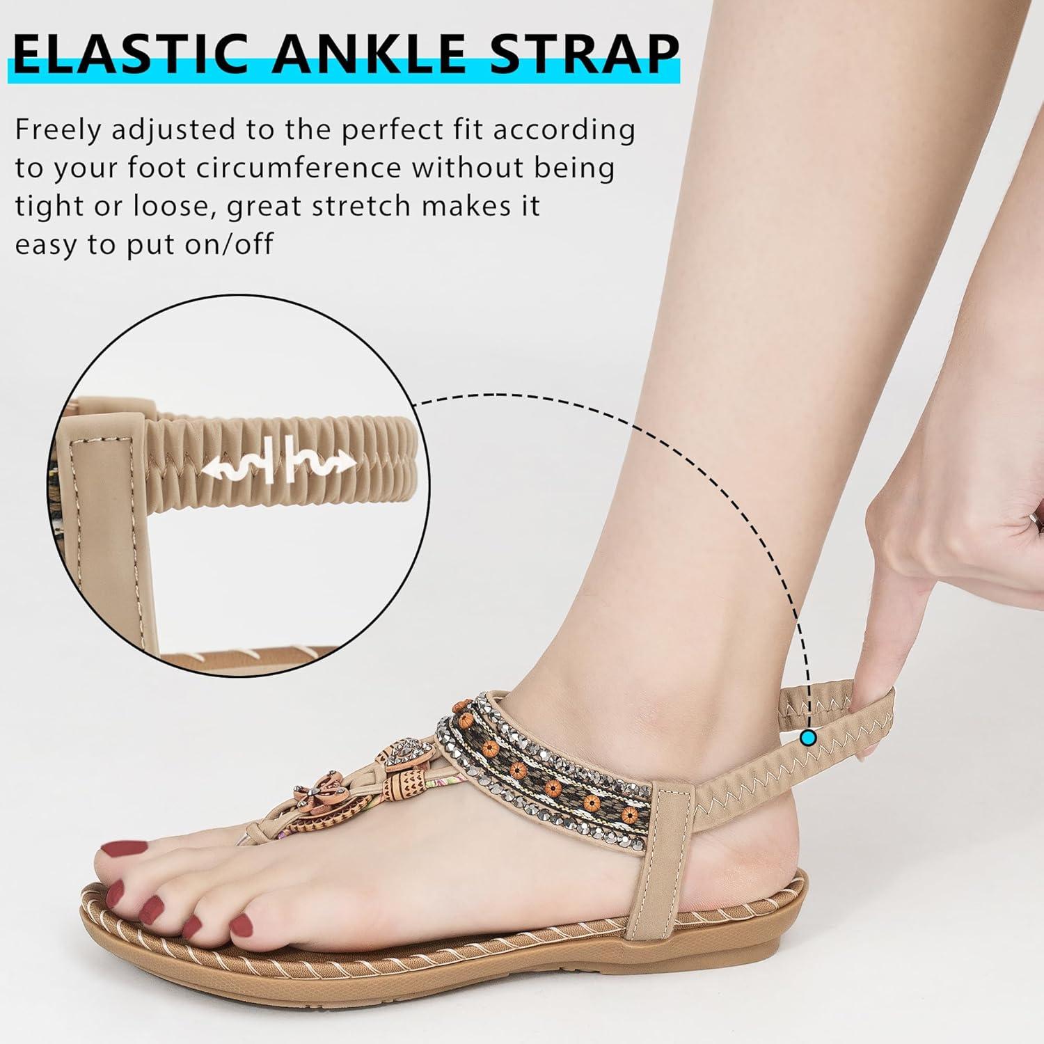 image:imageSandals Women Dressy Flats Bohemian Flat Sandals for Women Comfortable Summer Casual Flip Flops Elastic Ankle StrapBeigepattern