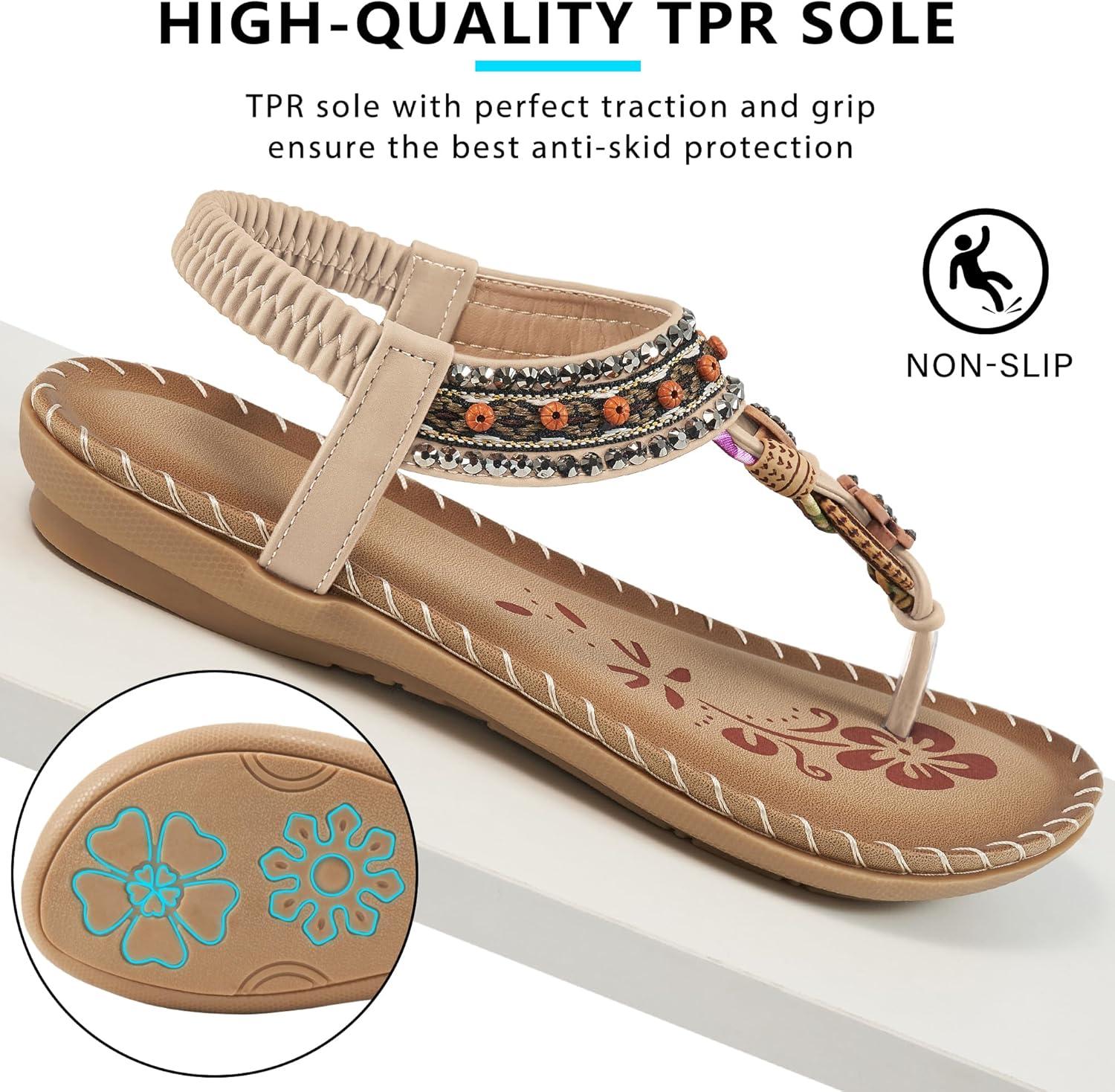image:imageSandals Women Dressy Flats Bohemian Flat Sandals for Women Comfortable Summer Casual Flip Flops Elastic Ankle StrapBeigepattern