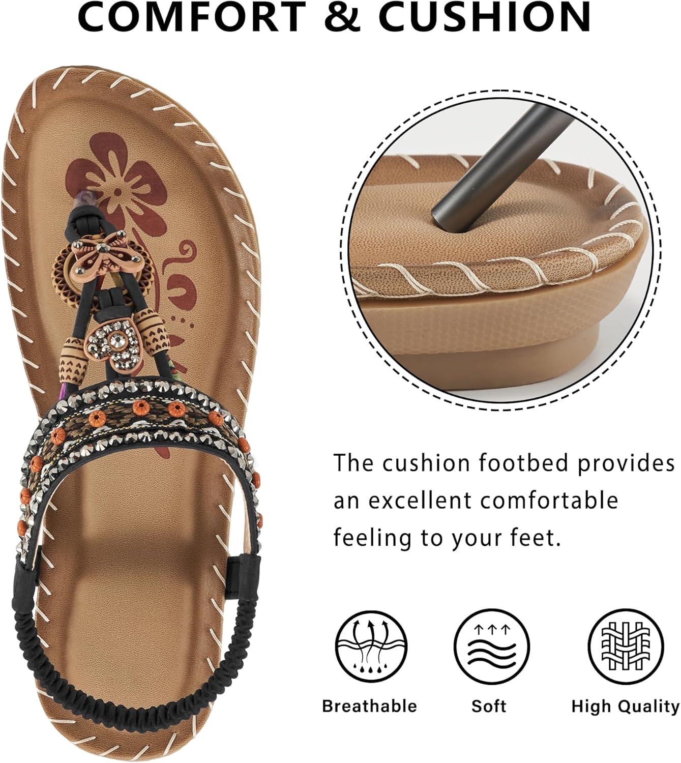 image:imageSandals Women Dressy Flats Bohemian Flat Sandals for Women Comfortable Summer Casual Flip Flops Elastic Ankle StrapBlackpattern