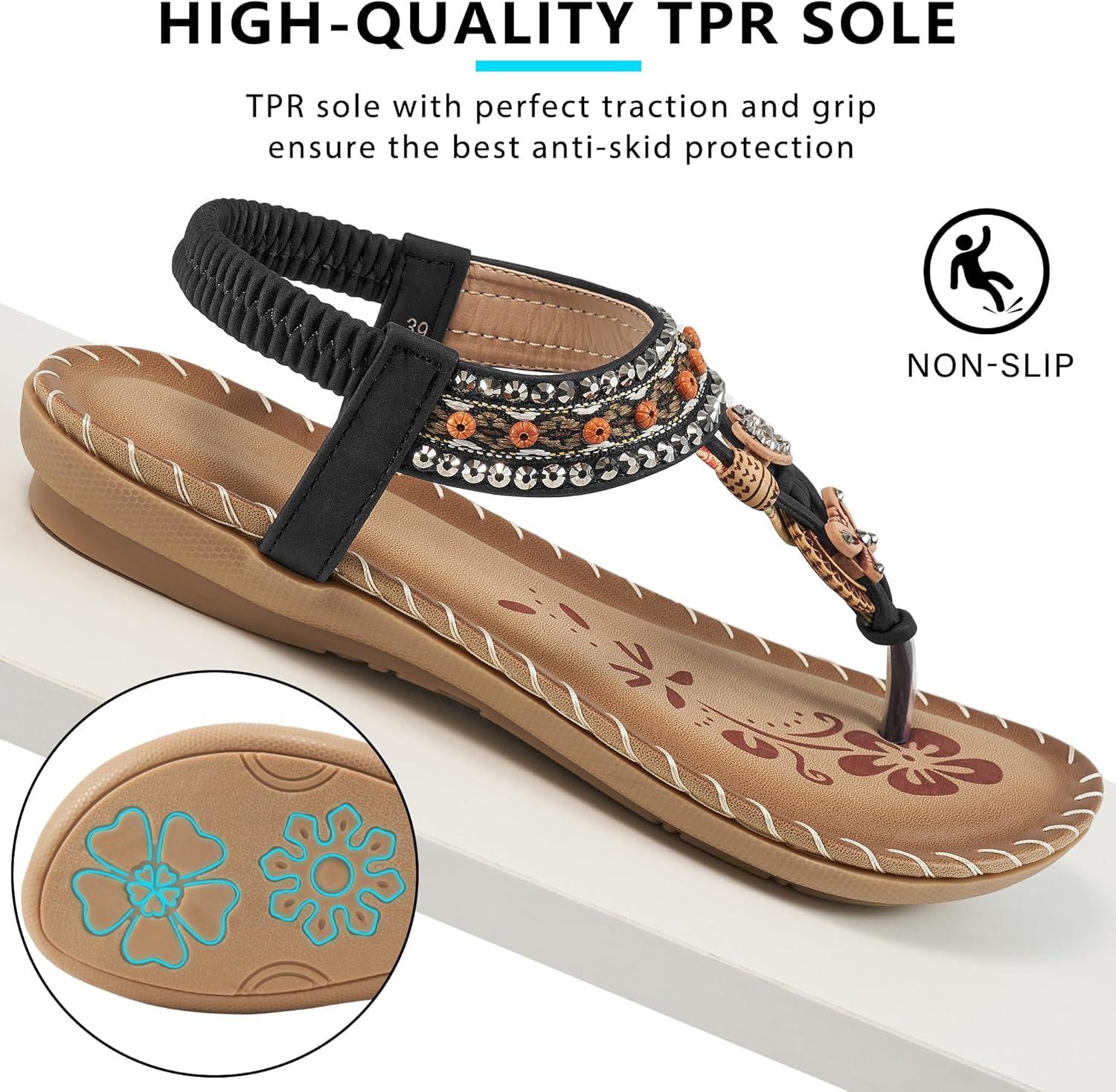 image:imageSandals Women Dressy Flats Bohemian Flat Sandals for Women Comfortable Summer Casual Flip Flops Elastic Ankle StrapBlackpattern