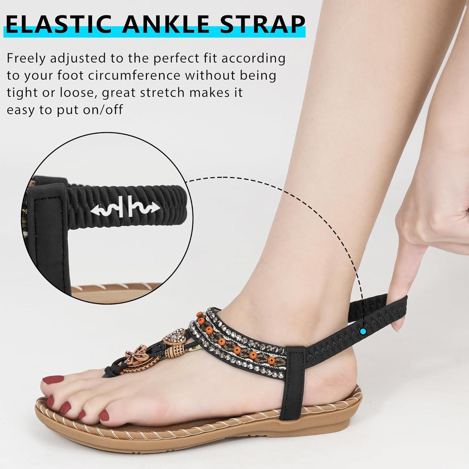 image:imageSandals Women Dressy Flats Bohemian Flat Sandals for Women Comfortable Summer Casual Flip Flops Elastic Ankle StrapBlackpattern