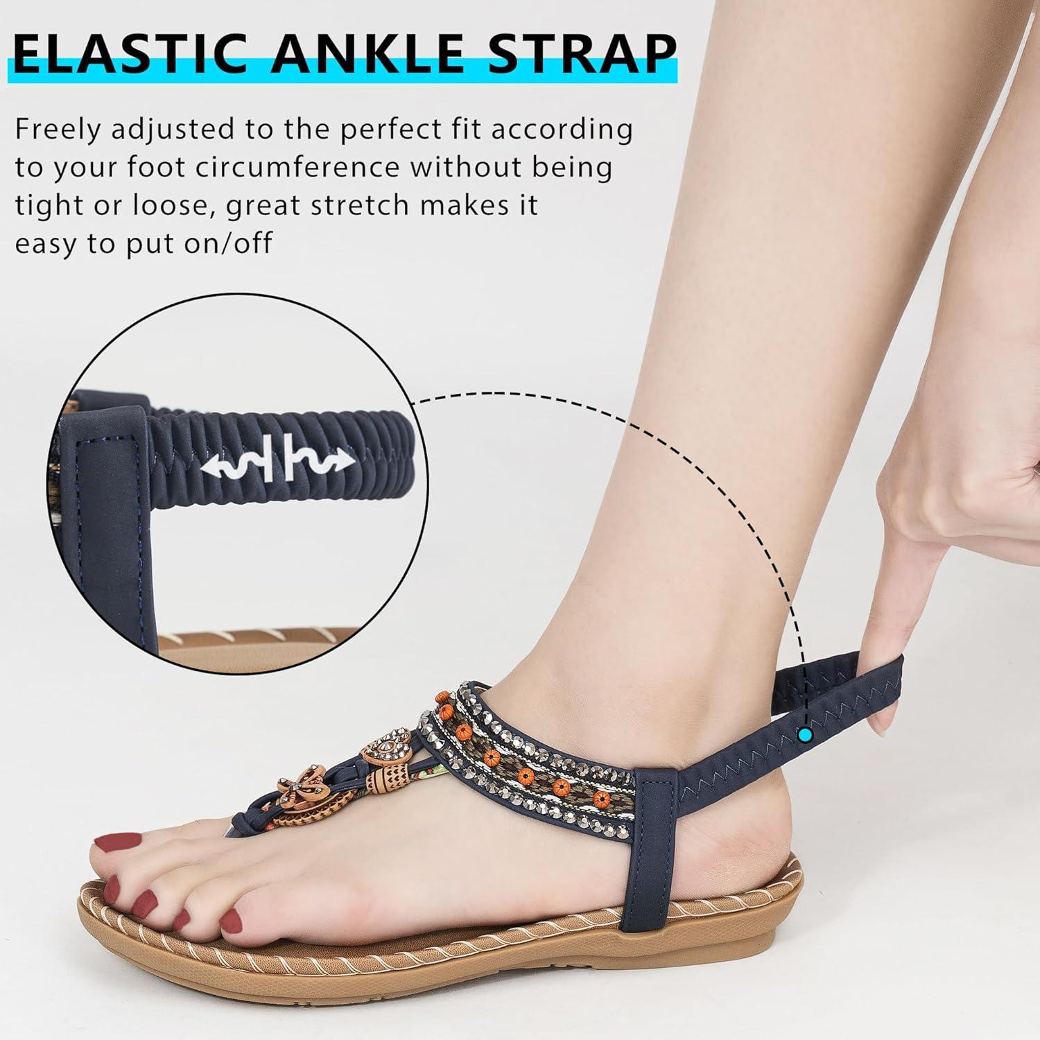 image:imageSandals Women Dressy Flats Bohemian Flat Sandals for Women Comfortable Summer Casual Flip Flops Elastic Ankle StrapBluepattern