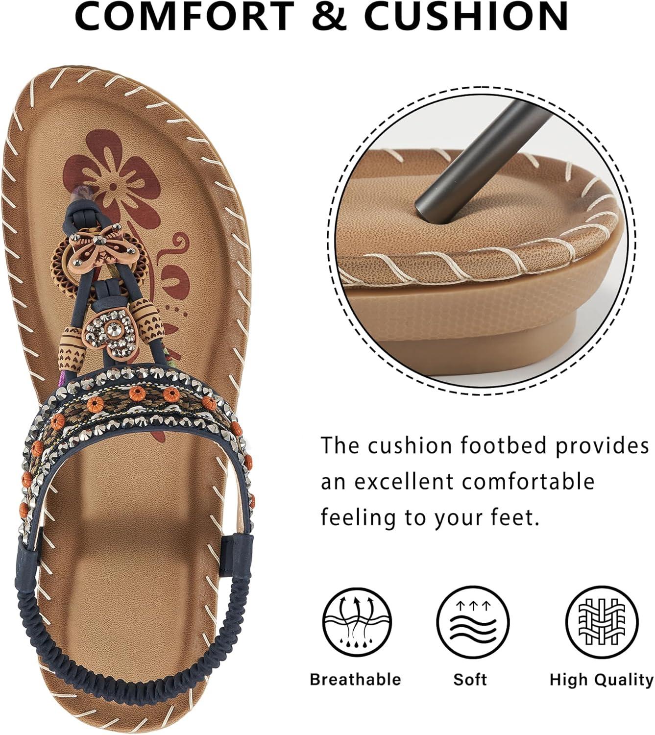 image:imageSandals Women Dressy Flats Bohemian Flat Sandals for Women Comfortable Summer Casual Flip Flops Elastic Ankle StrapBluepattern
