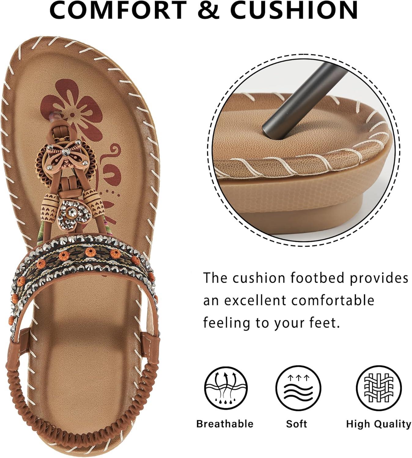 image:imageSandals Women Dressy Flats Bohemian Flat Sandals for Women Comfortable Summer Casual Flip Flops Elastic Ankle StrapBrownpattern