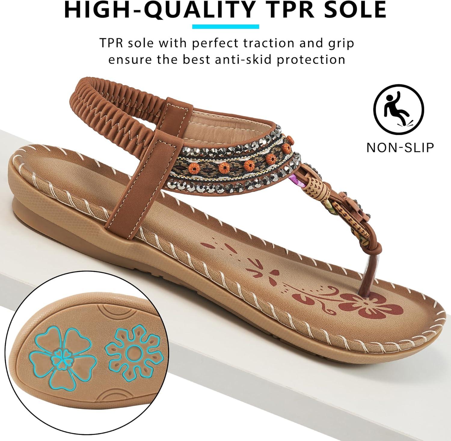 image:imageSandals Women Dressy Flats Bohemian Flat Sandals for Women Comfortable Summer Casual Flip Flops Elastic Ankle StrapBrownpattern