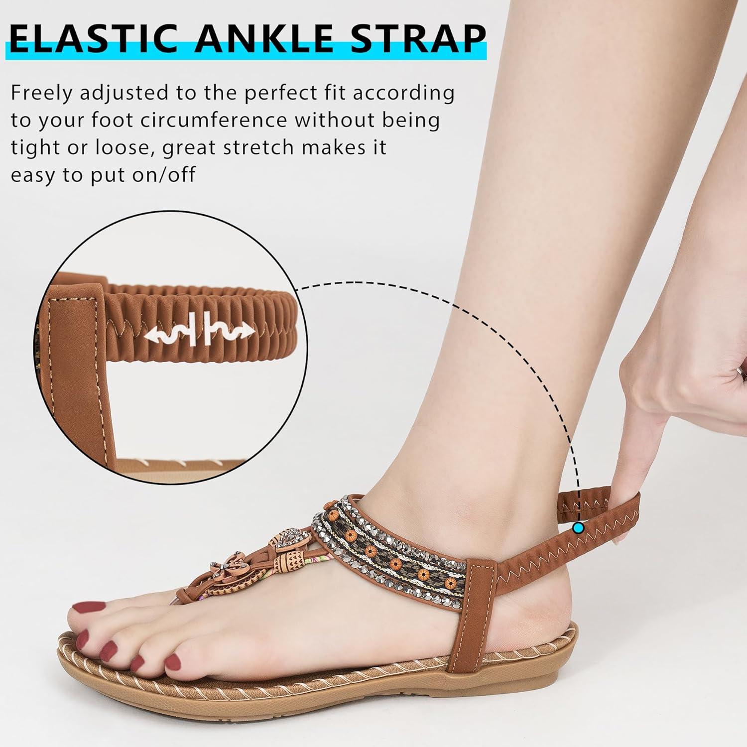 image:imageSandals Women Dressy Flats Bohemian Flat Sandals for Women Comfortable Summer Casual Flip Flops Elastic Ankle StrapBrownpattern