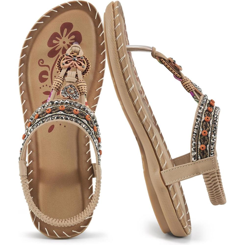 image:imageSandals Women Dressy Flats Bohemian Flat Sandals for Women Comfortable Summer Casual Flip Flops Elastic Ankle StrapBeigepattern