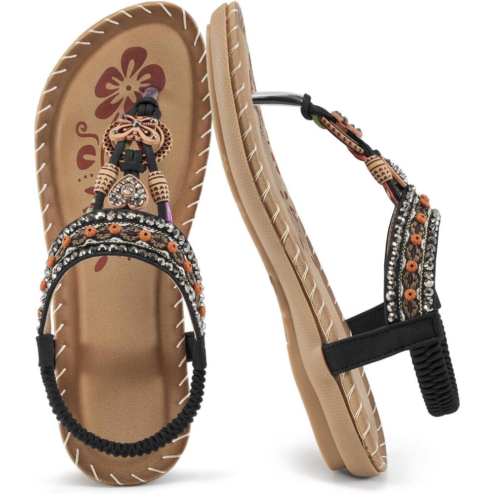 image:imageSandals Women Dressy Flats Bohemian Flat Sandals for Women Comfortable Summer Casual Flip Flops Elastic Ankle StrapBlackpattern