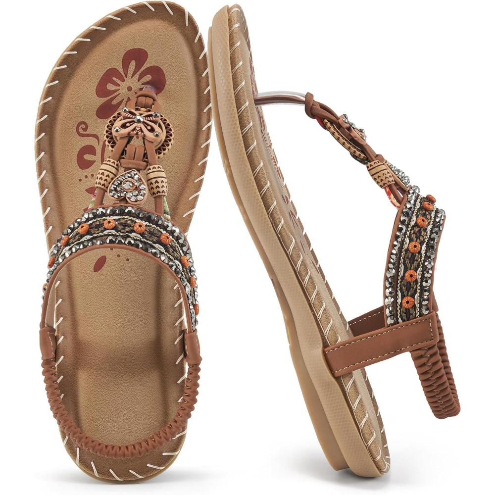 image:imageSandals Women Dressy Flats Bohemian Flat Sandals for Women Comfortable Summer Casual Flip Flops Elastic Ankle StrapBrownpattern