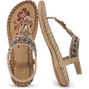 Sandals Women Dressy Flats: Bohemian Flat Sandals for Women Comfortable Summer Casual Flip Flops Elastic Ankle Strap(Beige-pattern)