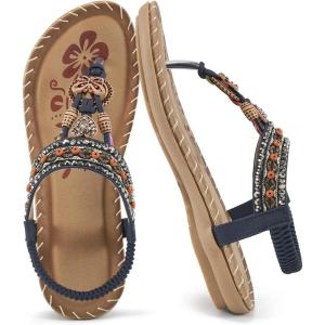 Sandals Women Dressy Flats: Bohemian Flat Sandals for Women Comfortable Summer Casual Flip Flops Elastic Ankle Strap(Blue-pattern)