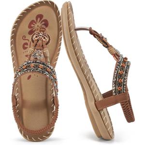 Sandals Women Dressy Flats: Bohemian Flat Sandals for Women Comfortable Summer Casual Flip Flops Elastic Ankle Strap(Brown-pattern)